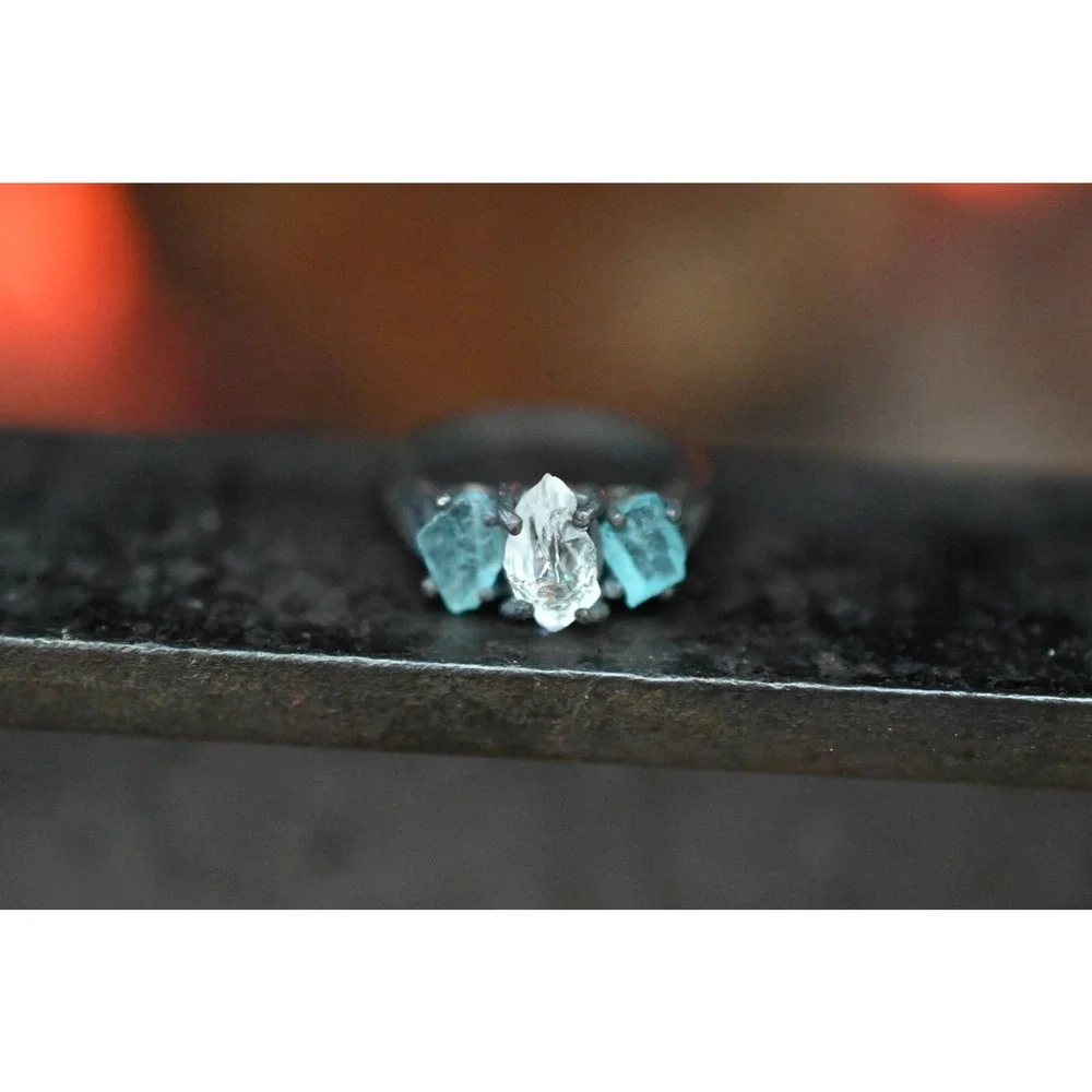 Raw Diamond Trillion Engagement Ring Aquamarine Rough Diamond Natural Un…